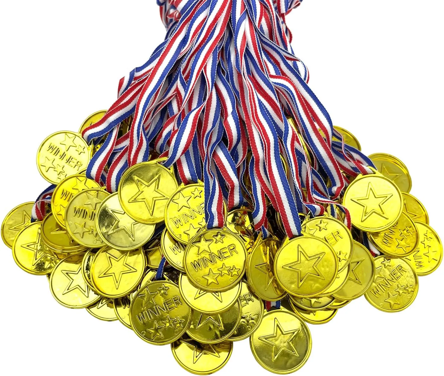 100 Pcs Gold Plastic Winner Medals Award Medals for Kids School Sports, Soccer Competitions, Games, Talent Show, Gymnastic, Party Favors, Dress Up or Celebration Souvenir