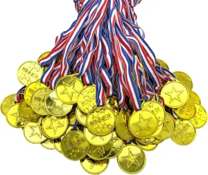100 Pcs Gold Plastic Winner Medals Award Medals for Kids School Sports, Soccer Competitions, Games, Talent Show, Gymnastic, Party Favors, Dress Up or Celebration Souvenir