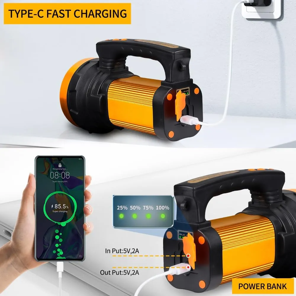 1000,000LM Rechargeable Spotlight 13600mAh Spotlight Flashlight 80H Long Lasting IP67 Waterproof 3 Modes Spot Light for Outdoor Camping Home Emergency