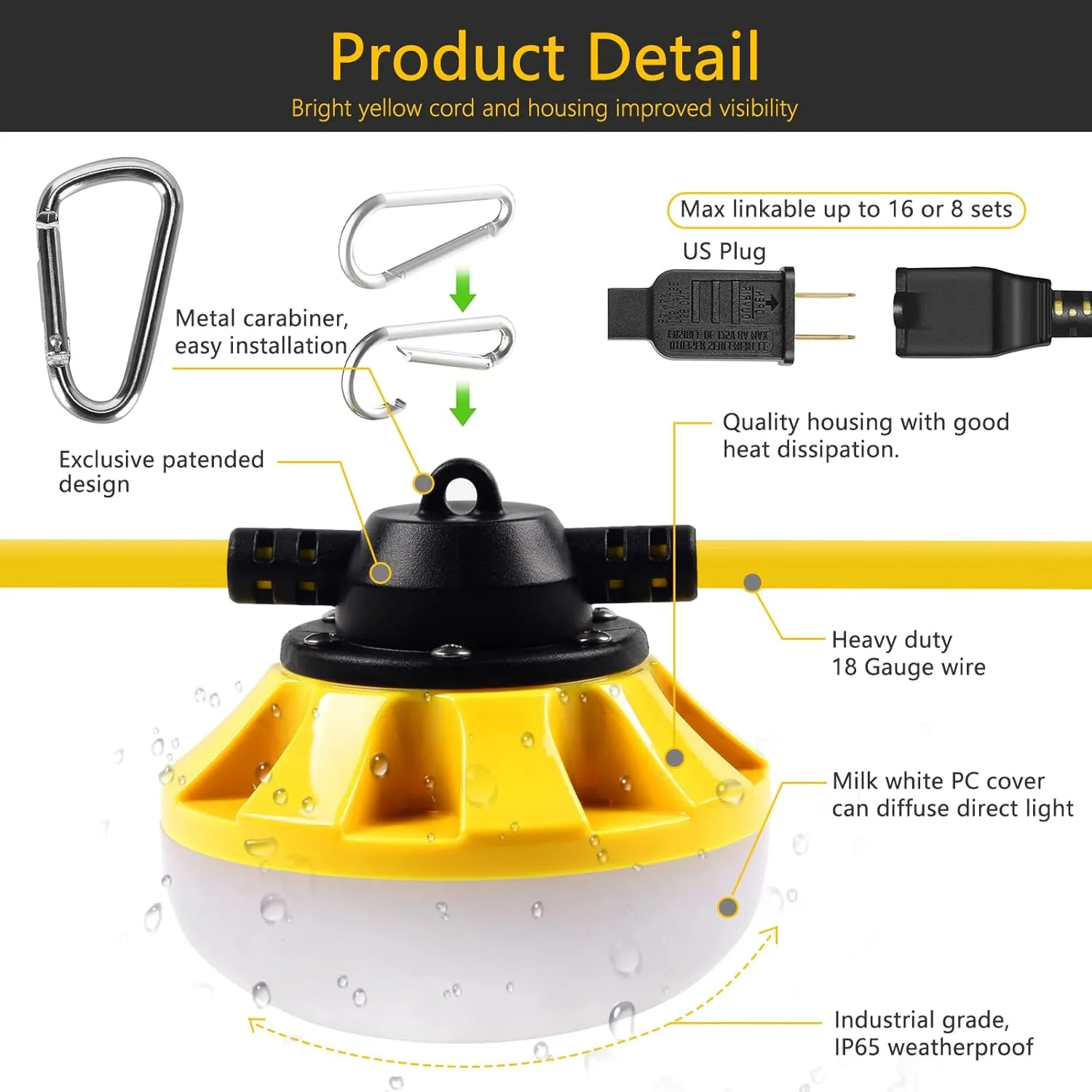 100FT LED Construction String Lights 10 Bulbs,14000LM,Industrial Grade,Weatherproof, Linkable 5000K Super Bright for Job Sites, Mining, Patios & Outdoor Work,Free for Climbing Hook 2Prong