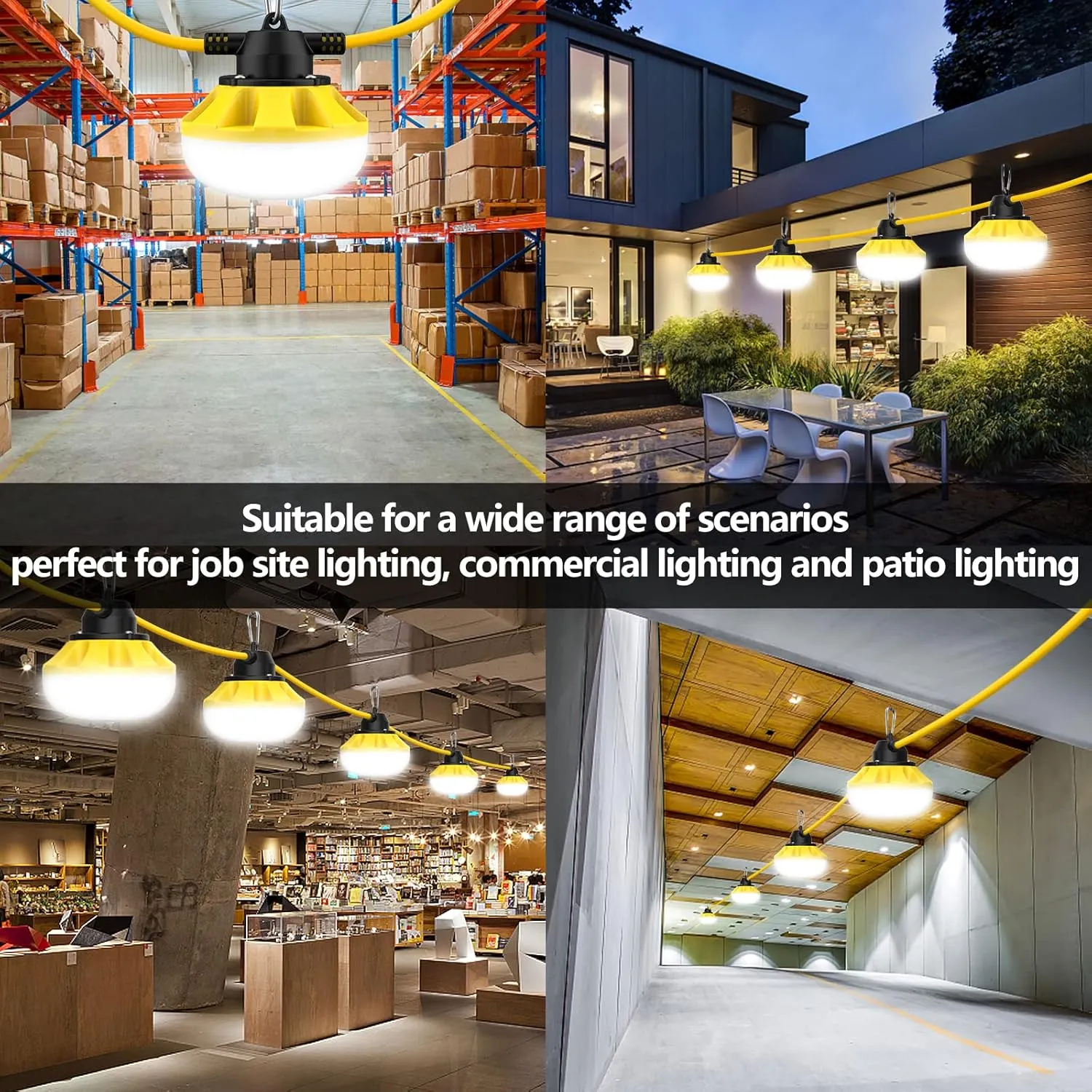 100FT LED Construction String Lights 10 Bulbs,14000LM,Industrial Grade,Weatherproof, Linkable 5000K Super Bright for Job Sites, Mining, Patios & Outdoor Work,Free for Climbing Hook 2Prong