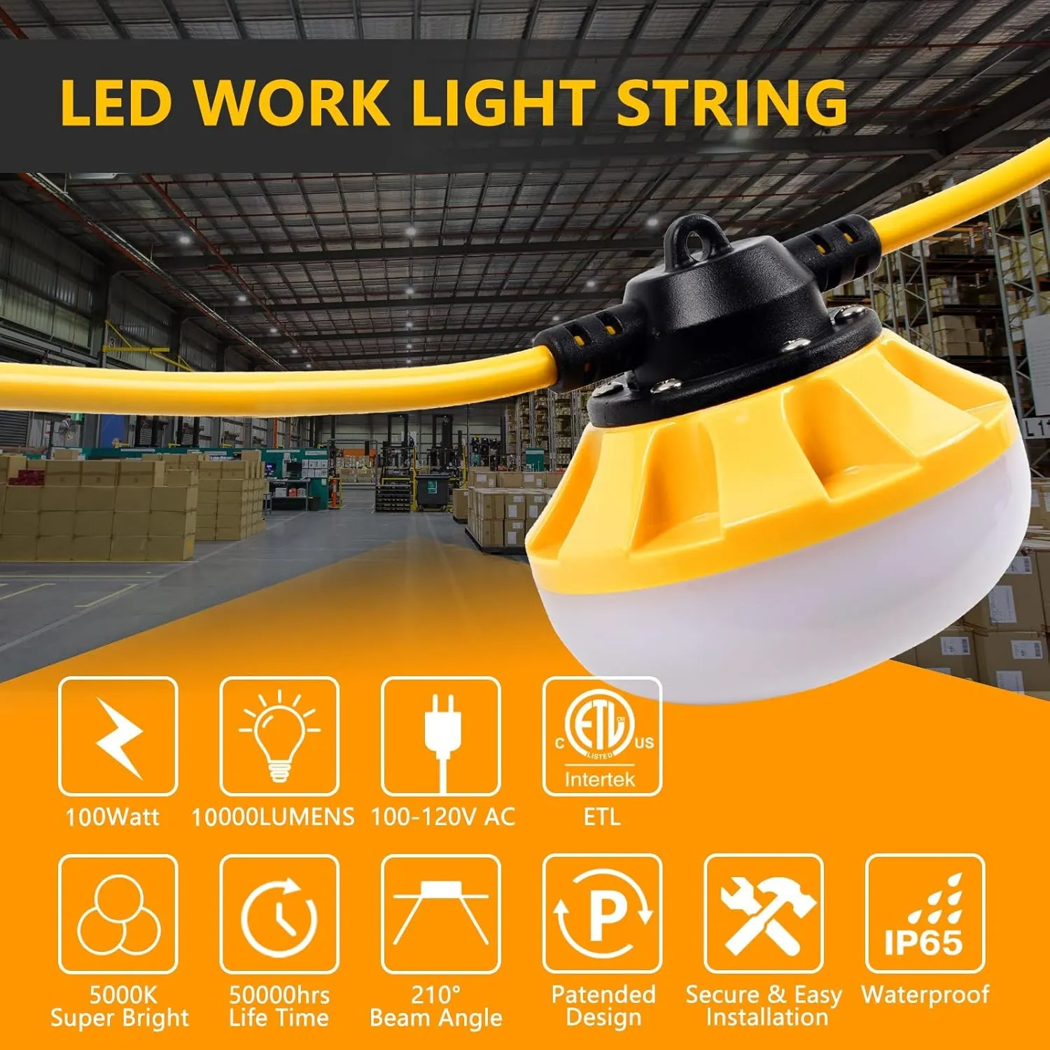 100FT LED Construction String Lights 10 Bulbs,14000LM,Industrial Grade,Weatherproof, Linkable 5000K Super Bright for Job Sites, Mining, Patios & Outdoor Work,Free for Climbing Hook 2Prong