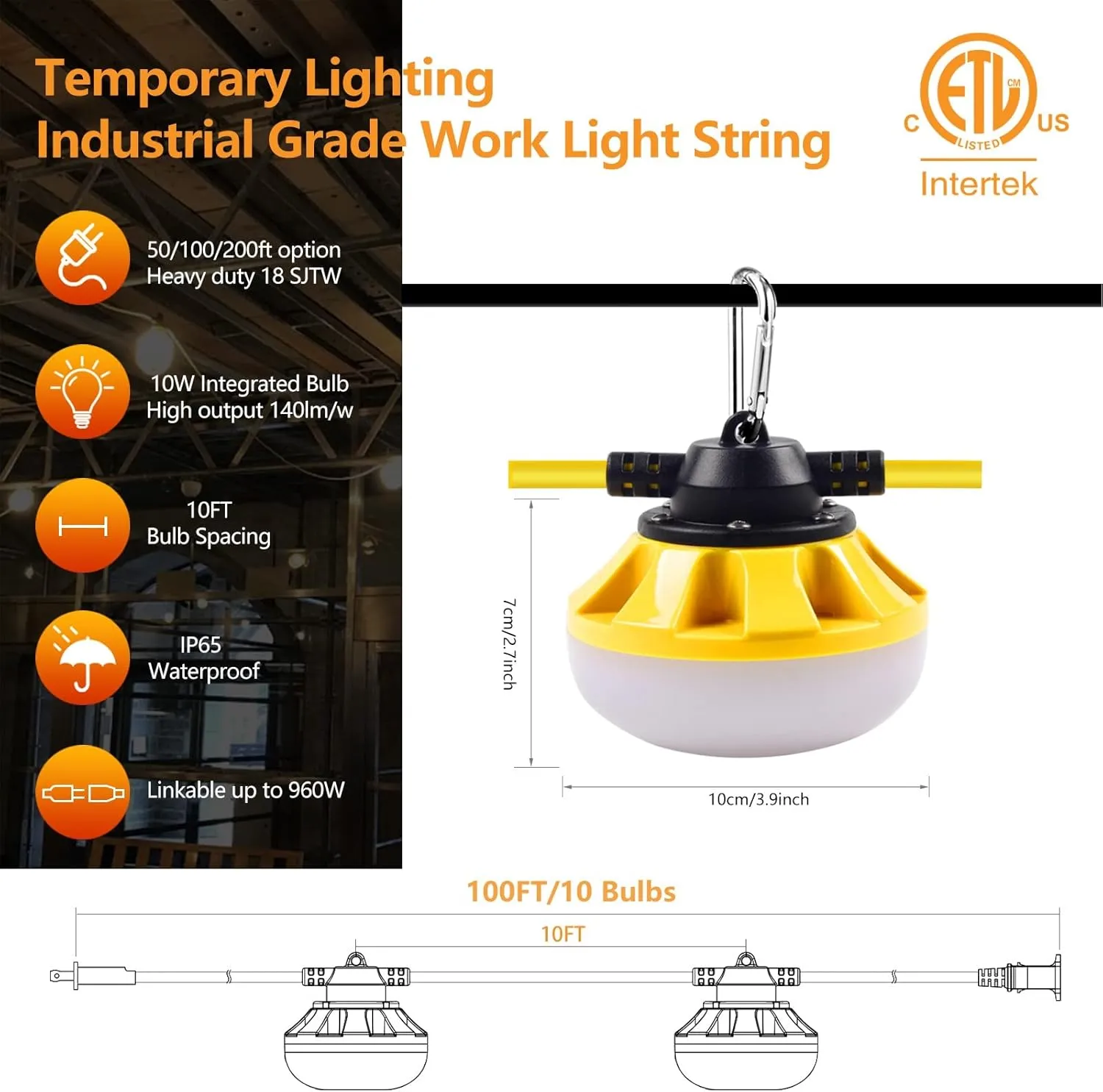100FT LED Construction String Lights 10 Bulbs,14000LM,Industrial Grade,Weatherproof, Linkable 5000K Super Bright for Job Sites, Mining, Patios & Outdoor Work,Free for Climbing Hook 2Prong