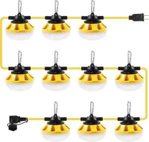 100FT LED Construction String Lights 10 Bulbs,14000LM,Industrial Grade,Weatherproof, Linkable 5000K Super Bright for Job Sites, Mining, Patios & Outdoor Work,Free for Climbing Hook 2Prong