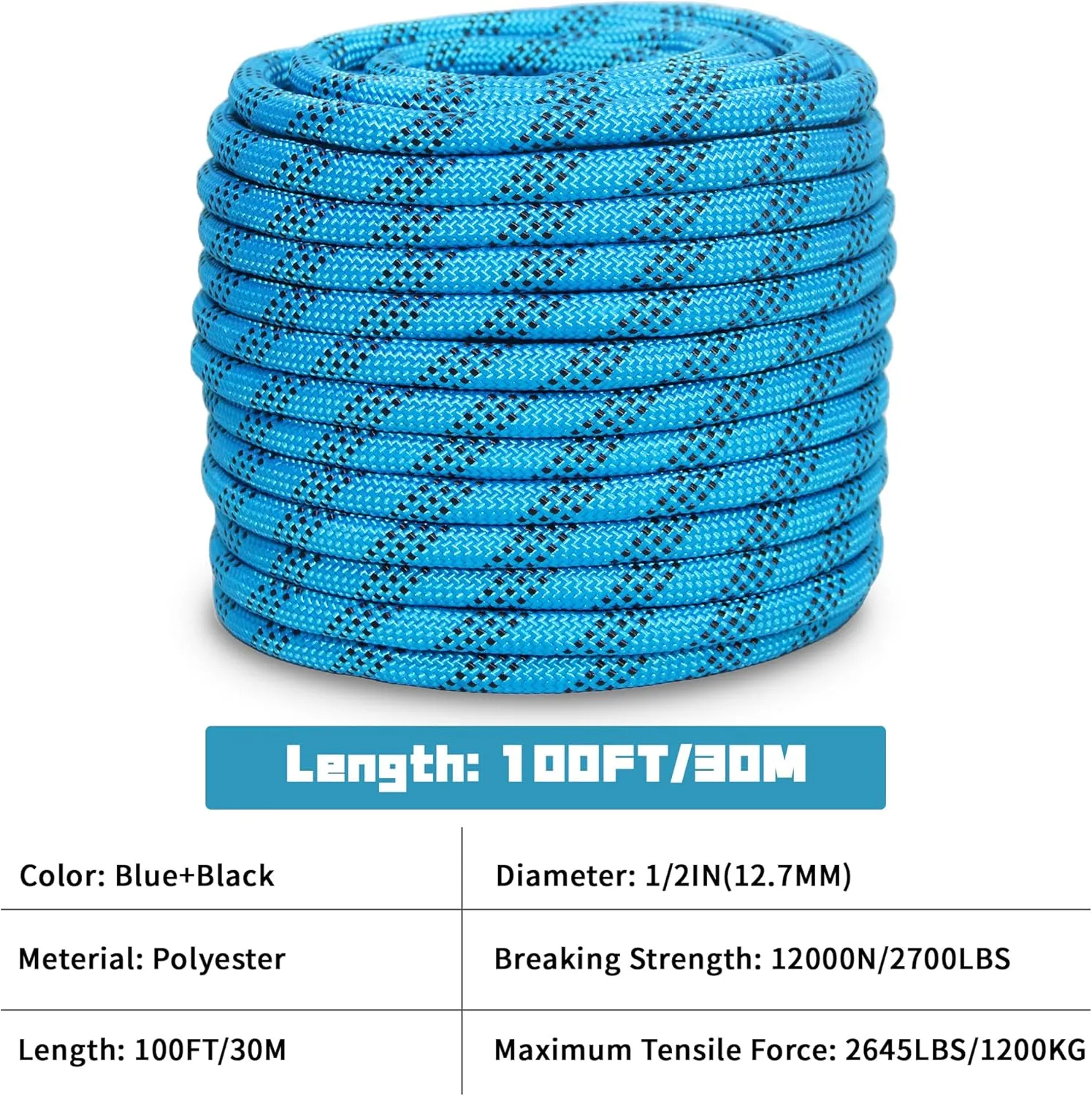 1/2 Inch 100ft Double Braided Polyester Arborist Rope, Heavy Duty Nylon Rope for Anchor, Tree Work, Cargo, Pulling, Sailing (Blue)