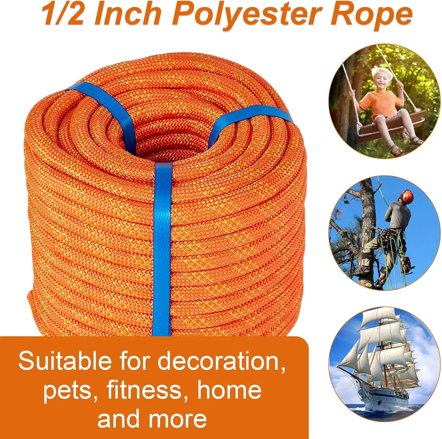 1/2 inch 100ft Nylon Rope, Polyester Double Braided Climbing Arborist Rope, Safety Rope for Tree Pulling, Nautical Rigging Rope Swing