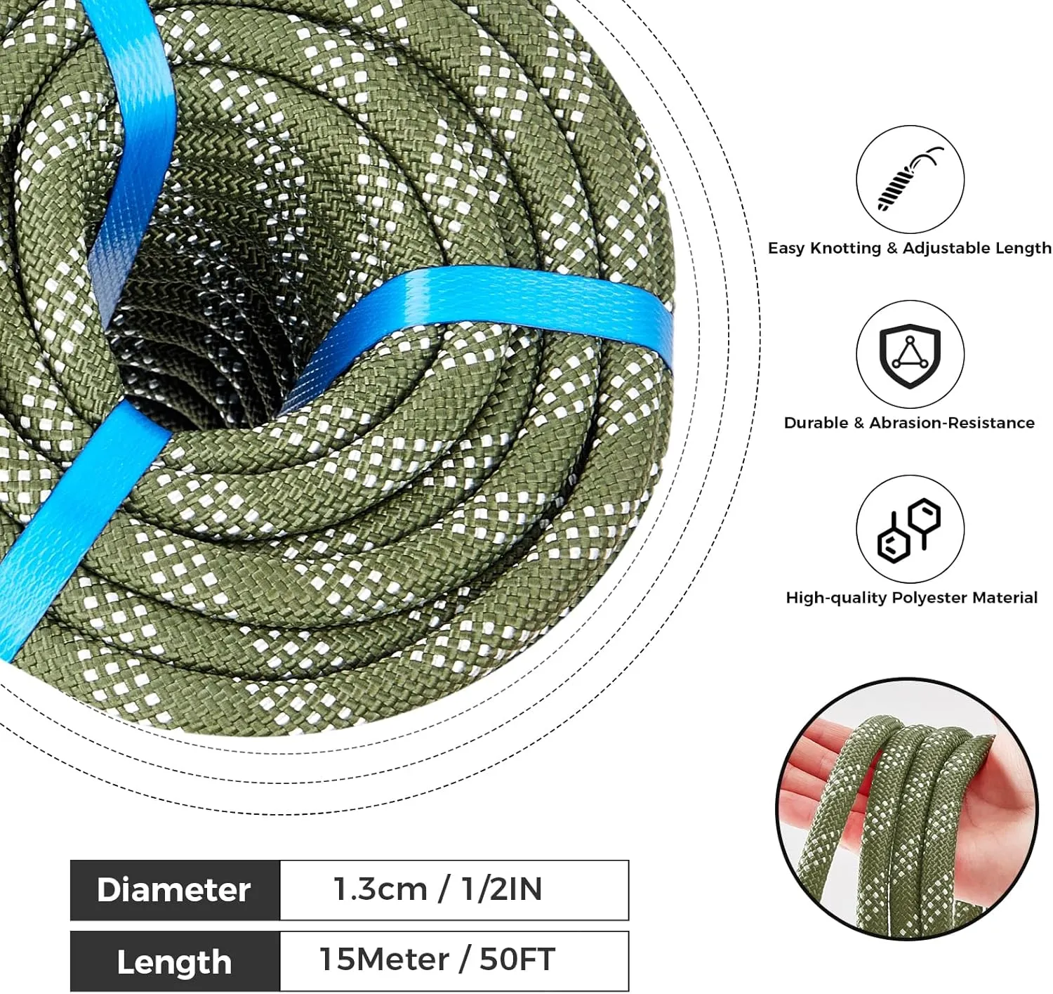 1/2 Inch 50ft Double Braided Polyester Arborist Rope, Heavy Duty Nylon Rope for Anchor, Tree Work, Cargo, Pulling, Sailing(ArmyGreen)