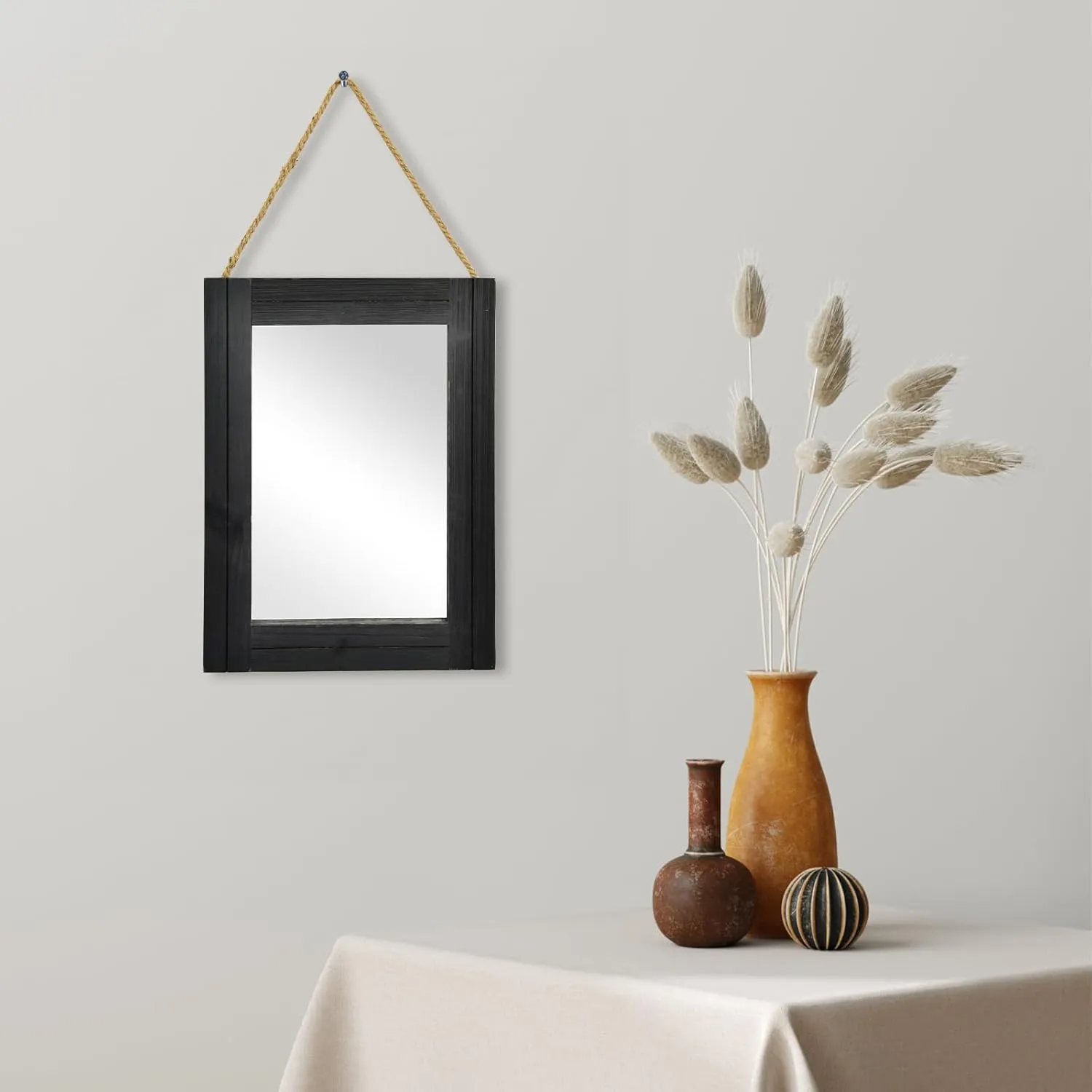12 x 16 in Wall Decorative Mirror, Rustic Wood Frame Rectangular Mirror with Hanging Rope for Entryway, Bedroom, Guest Bathroom, Living Room, Bedroom, Black