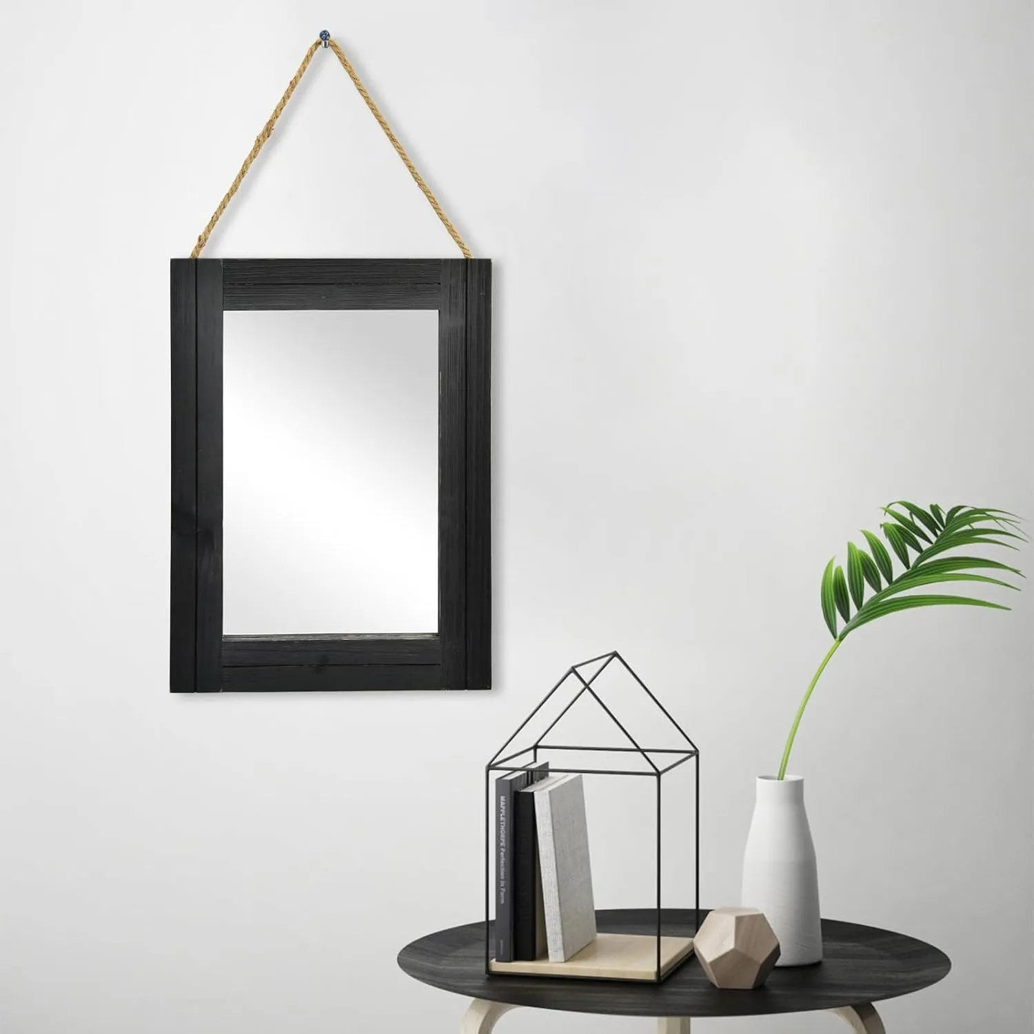 12 x 16 in Wall Decorative Mirror, Rustic Wood Frame Rectangular Mirror with Hanging Rope for Entryway, Bedroom, Guest Bathroom, Living Room, Bedroom, Black