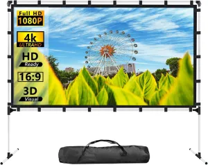 120 Inch Projector Screen and Stand Portable Front Rear Projection Screen 16:9 HD 4K Foldable Movie Screen with Carry Bag for Outdoor Indoor Home Theater Backyard Cinema Travel