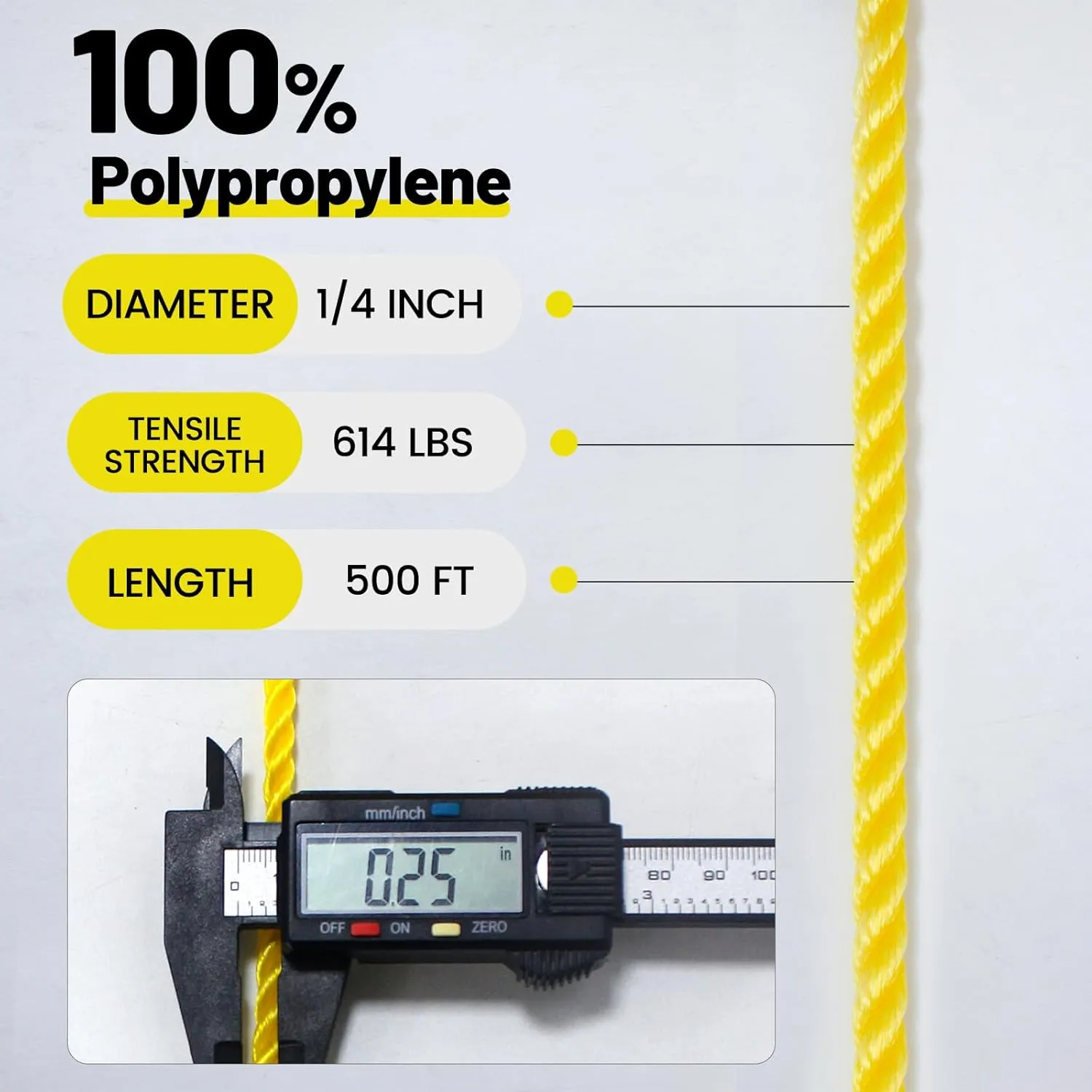 1/4inch 500ft Polypropylene Rope, All Purpose Yellow Rope, Floating Line, Camping, Flag Pole, Indoor & Outdoor, High Visibility, Lightweight