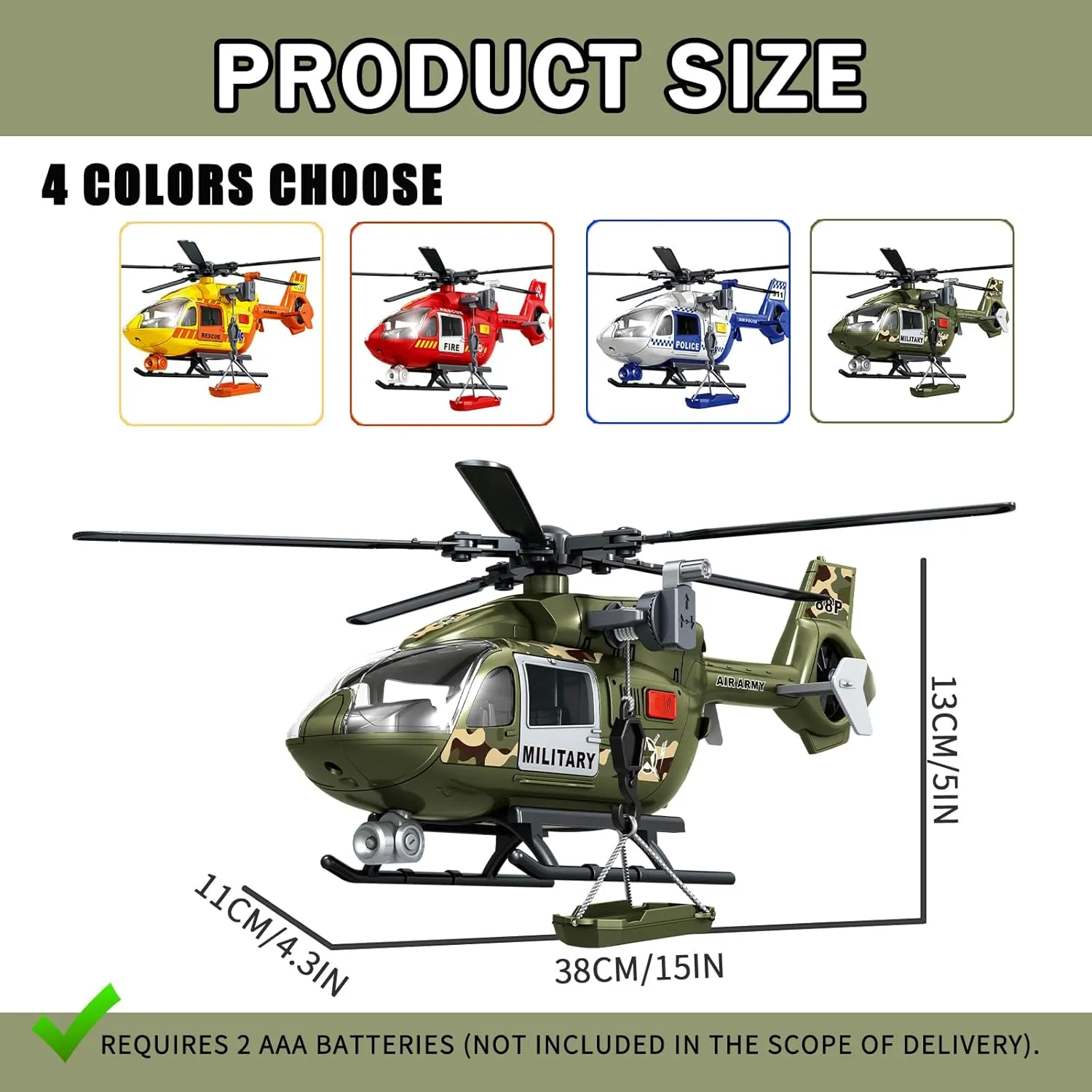 15" Rescue Helicopter Toy Light and Sound Rescue Vehicles Toys for Kids Aged 3 Toddler Kids Boys Gifts (Army Helicopters)