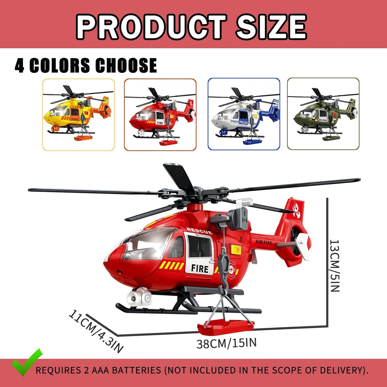 15" Rescue Helicopter Toy Light and Sound Rescue Vehicles Toys for Kids Aged 3 Toddler Kids Boys Gifts (Rescue Helicopter)
