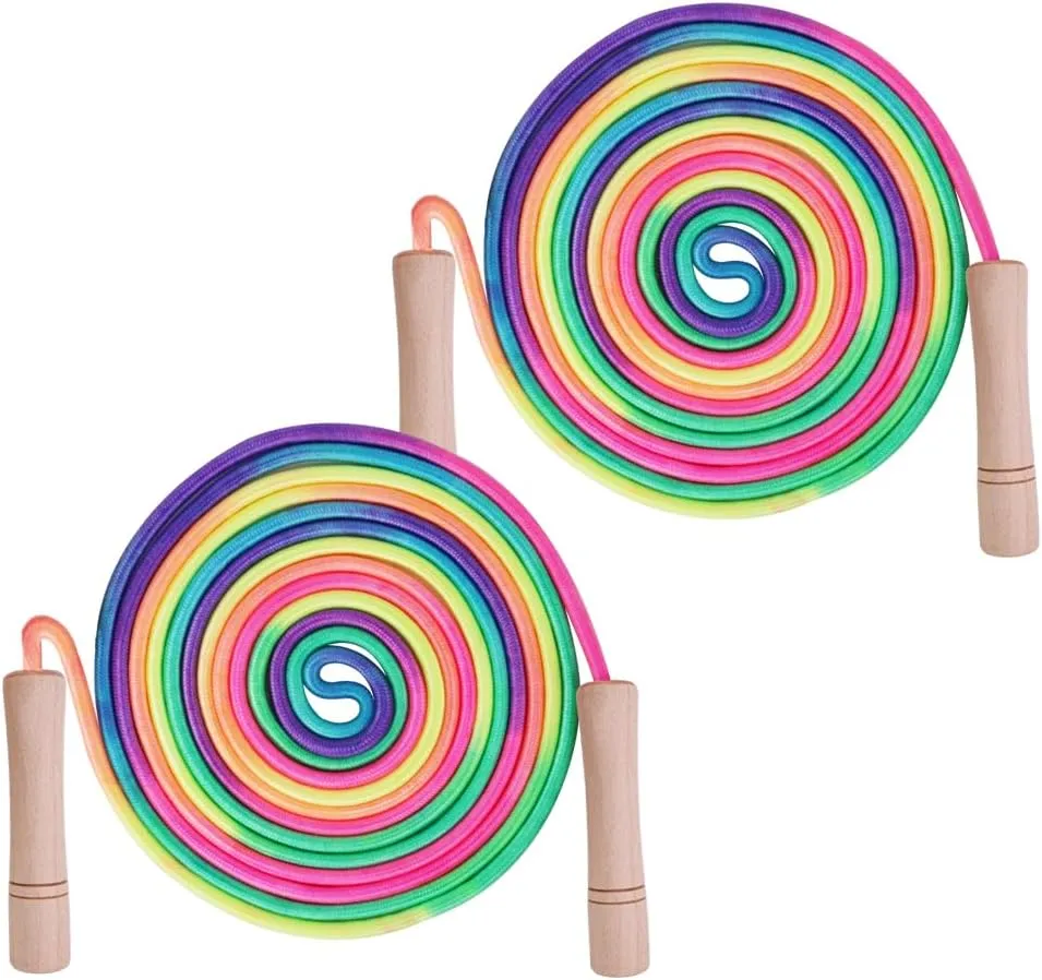 16 FT Double Dutch Jump Rope for Kids, Adjustable Rainbow Skipping Rope with Wooden Handles, Perfect for Fitness, Outdoor Fun, School Sports, and Party Games