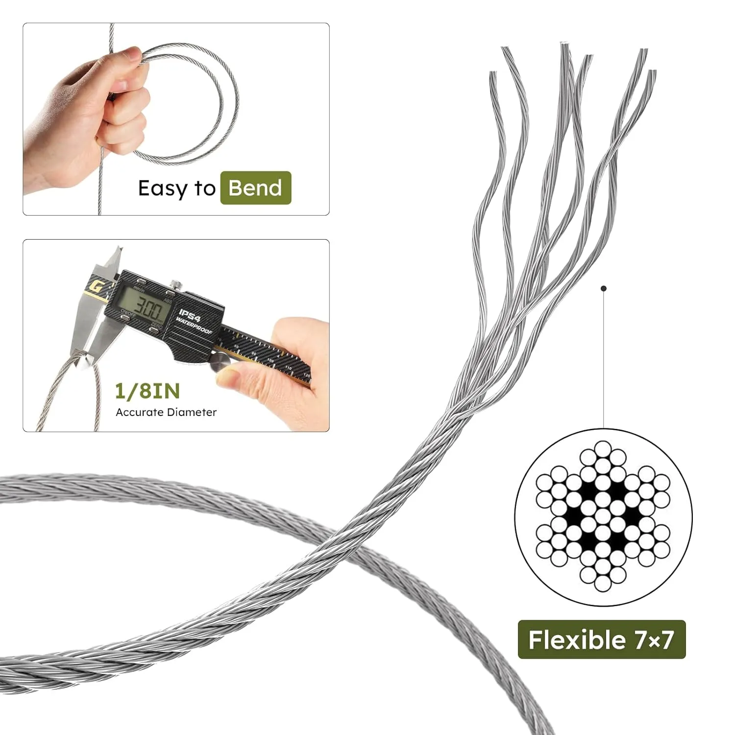 1/8 Inch Stainless Steel Cable Kit 100FT, 7x7 Strands Wire Rope with Aluminum Crimping Sleeves and Stainless Steel Thimbles for Plants Climbing, Deck Railing System, and Outdoor Hanging kit