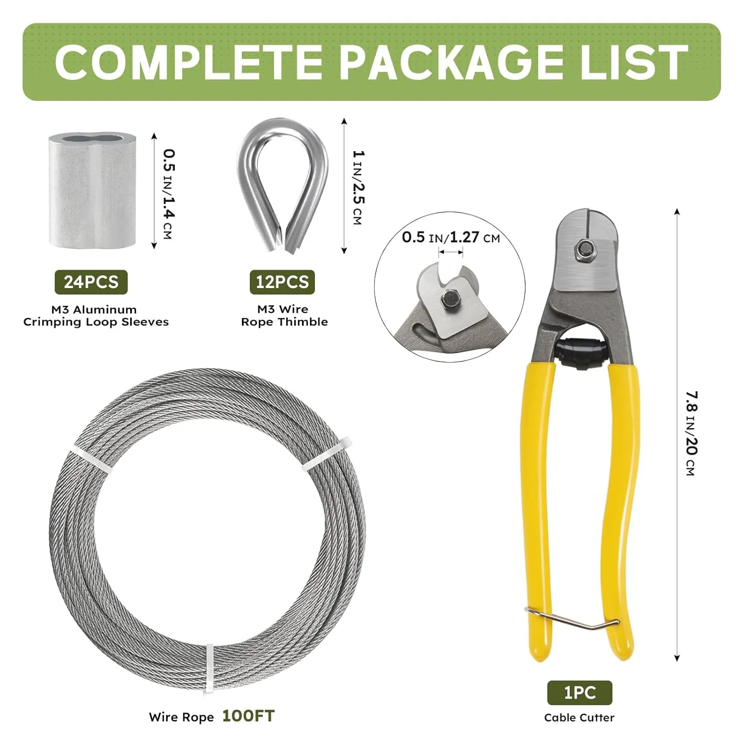 1/8 Inch Stainless Steel Cable Kit 100FT, 7x7 Strands Wire Rope with Aluminum Crimping Sleeves and Stainless Steel Thimbles for Plants Climbing, Deck Railing System, and Outdoor Hanging kit