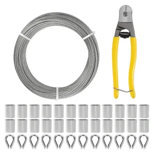 1/8 Inch Stainless Steel Cable Kit 100FT, 7x7 Strands Wire Rope with Aluminum Crimping Sleeves and Stainless Steel Thimbles for Plants Climbing, Deck Railing System, and Outdoor Hanging kit