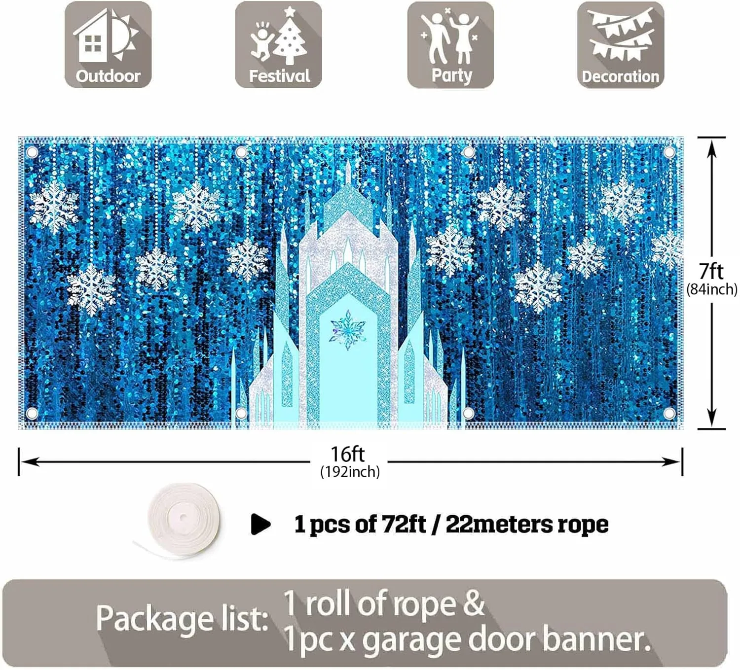 1PC 16x7ft Ice Snow Castle Garage Door Banner Decorations Winter Snowflake Photography Backdrop Home Outdoor Wall Cover (No Glitter No Sequin) Girl Party Supplies