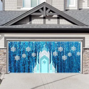 1PC 16x7ft Ice Snow Castle Garage Door Banner Decorations Winter Snowflake Photography Backdrop Home Outdoor Wall Cover (No Glitter No Sequin) Girl Party Supplies