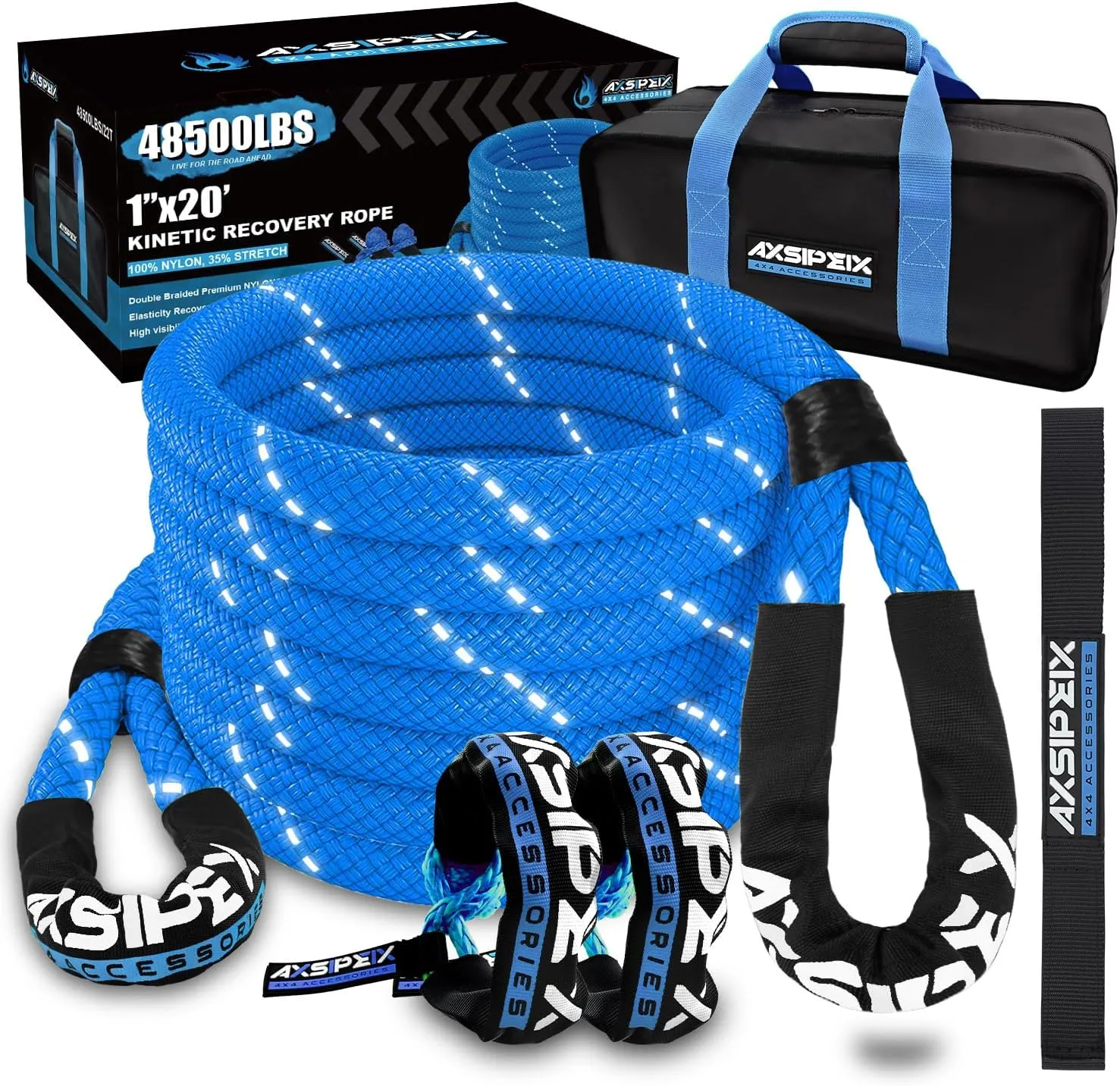 1"×20ft Kinetic Recovery Rope (48,500lbs) Heavy Duty Offroad Recovery Rope with 2 Soft Shackles 1/2" x 22" Offroad Recovery Kit for UTV, ATV, Truck, Car (Dark Blue)