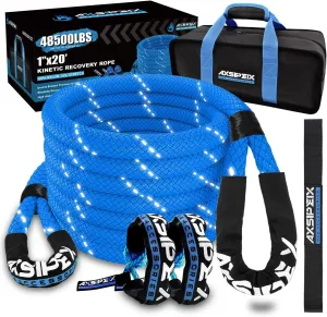 1"×20ft Kinetic Recovery Rope (48,500lbs) Heavy Duty Offroad Recovery Rope with 2 Soft Shackles 1/2" x 22" Offroad Recovery Kit for UTV, ATV, Truck, Car (Dark Blue)