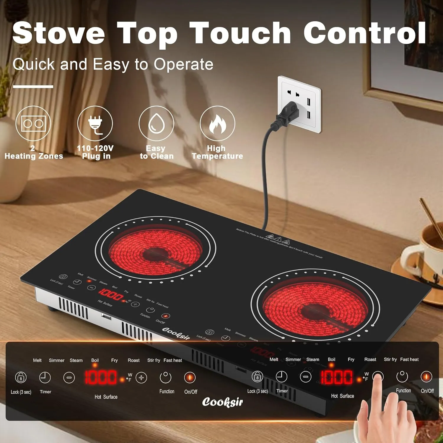 2 Burner Electric Cooktop - 24 Inch Built-in & Countertop Electric Stove Top, 110V-120V Double Burner Ceramic Cooktop Portable with Safety Lock, Timer, Sensor Touch Control, 110V Plug in