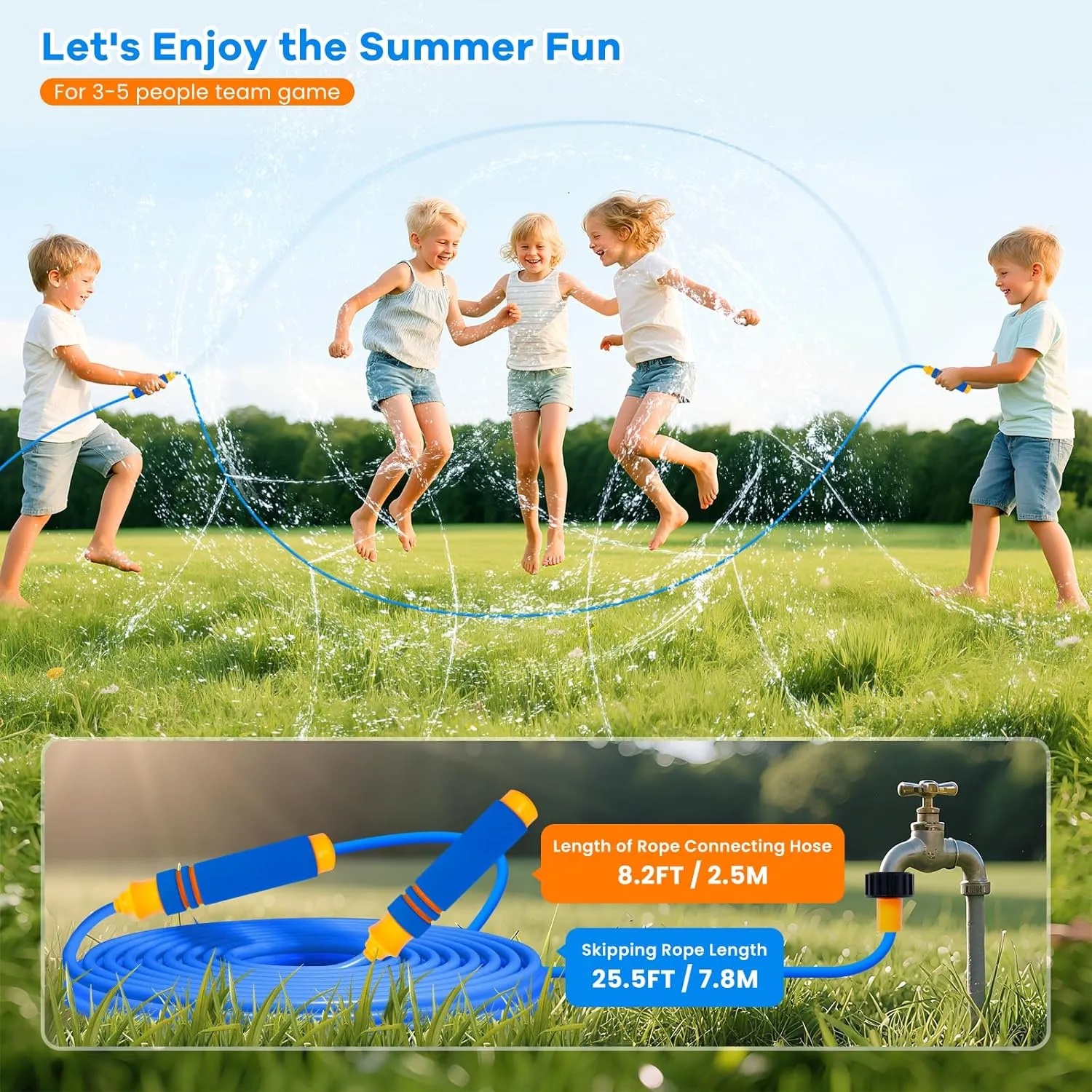 2-in-1 Kids Water Sprinkler Jump Rope Toy, 25.5 FT Splash Rope with 12 Spray Nozzles for Summer Party Backyard Beach Park, Fun Outdoor Water Sprinkler Team Game Toys for Ages 8-13, Blue