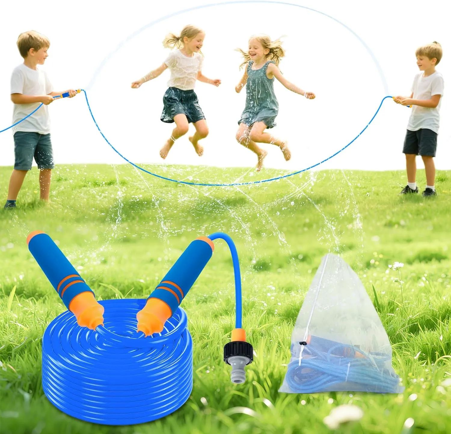 2-in-1 Kids Water Sprinkler Jump Rope Toy, 25.5 FT Splash Rope with 12 Spray Nozzles for Summer Party Backyard Beach Park, Fun Outdoor Water Sprinkler Team Game Toys for Ages 8-13, Blue