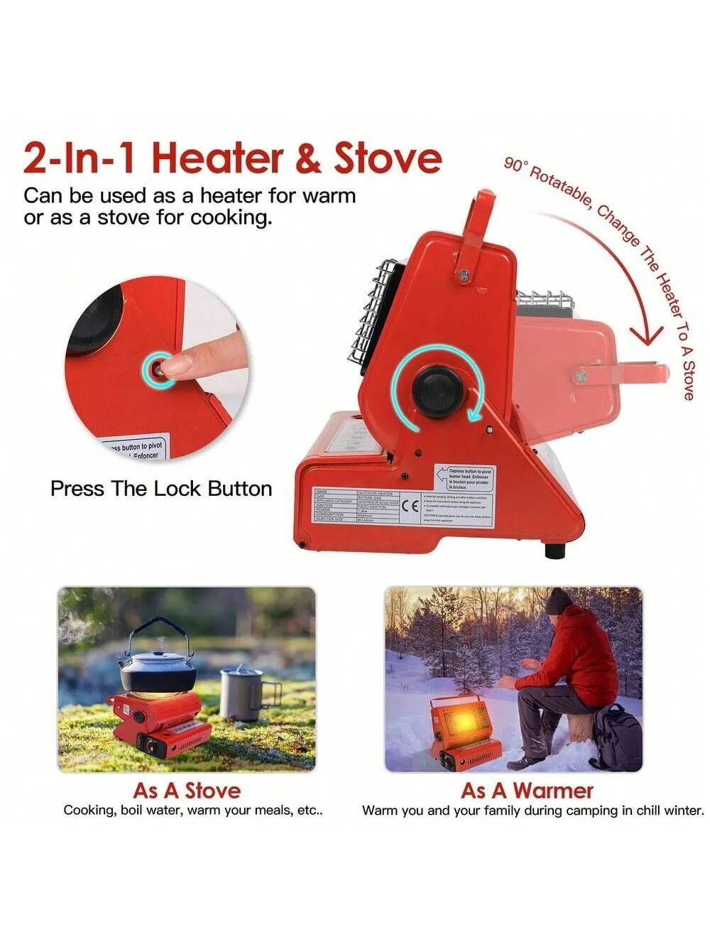 2 In1 Butane LP Gas Ceramic Burner Heater Warmer Heating & Cooking Stove Camping