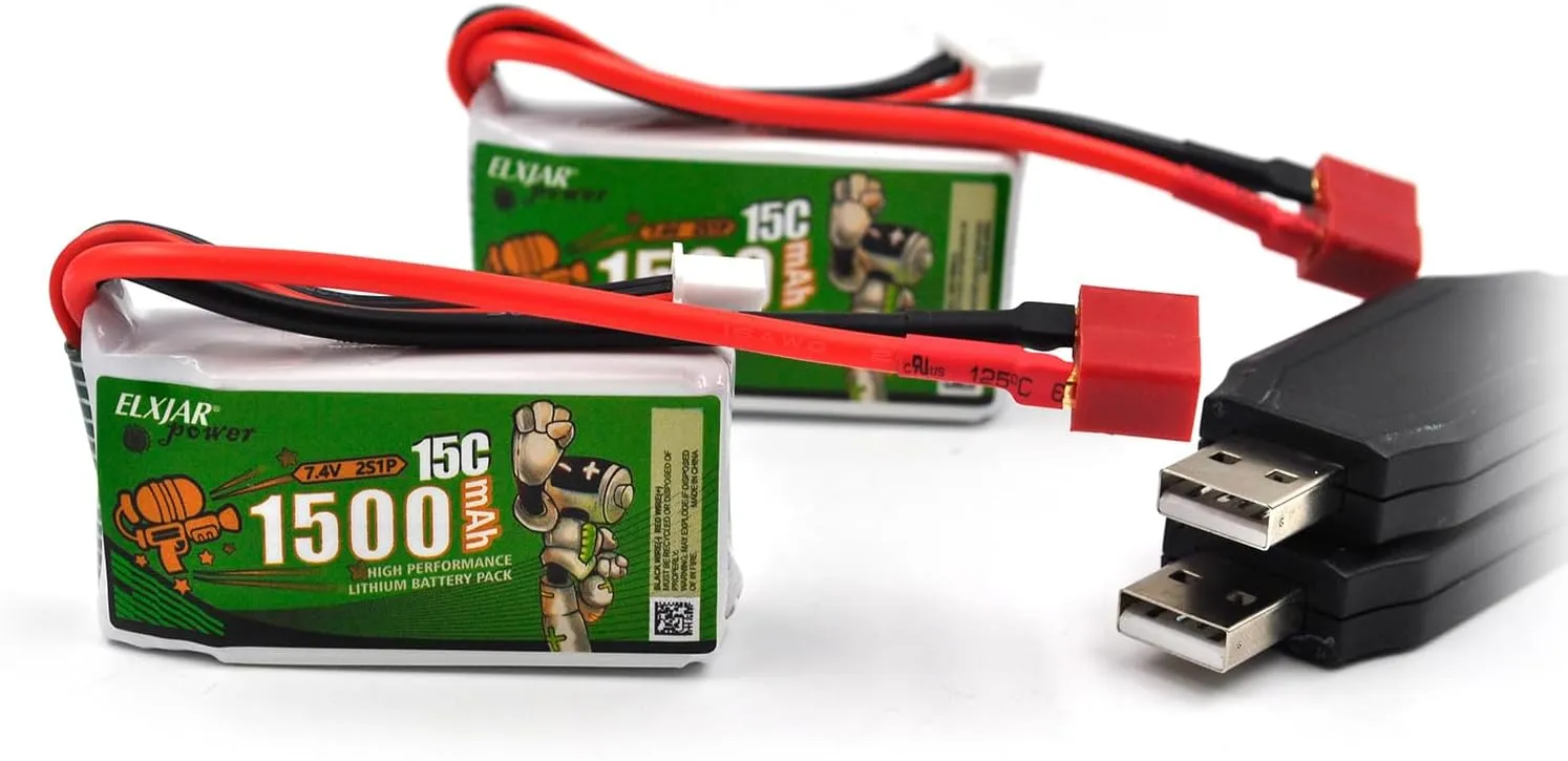 (2-Pack) 7.4V 1500mAh T-Head High-Rate Lithium Battery for WLTOYS A959-B A969-B A979-B K929-B 144001 12401 9200 9200E 300E YC200 HM123 1/10, 1/12, 1/16 RC High-Speed Off-Road Vehicle Spare Battery