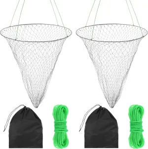 2 Pack Foldable Bridge & Pier Fishing Net, 32" Drop Net with Stainless Steel Hoop & Nylon Mesh, Lightweight & Portable, Suitable for Most Fishes