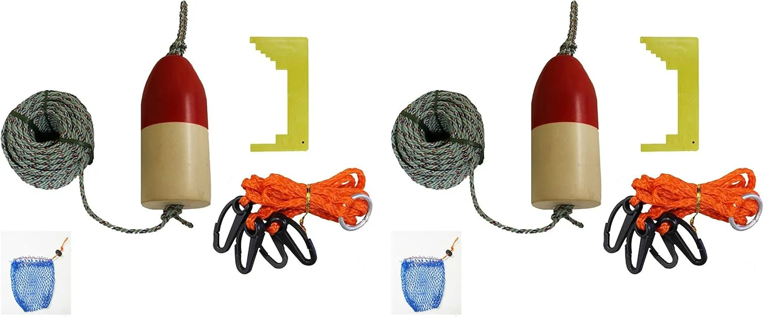 2-Pack of KUFA Crab Trap Accessory Kit (100' Lead Core Rope, Caliper,Harness,Bait Case & 14" Red/White Float) CAQ3x2