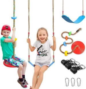 2 Pack Swing Seats with Tree Climbing Rope, Multicolor Swings with Platforms - Outdoor Toys for Kids&Adults- Playground Backyard Swingset Accessories with 5Ft Strap and Snap Hook