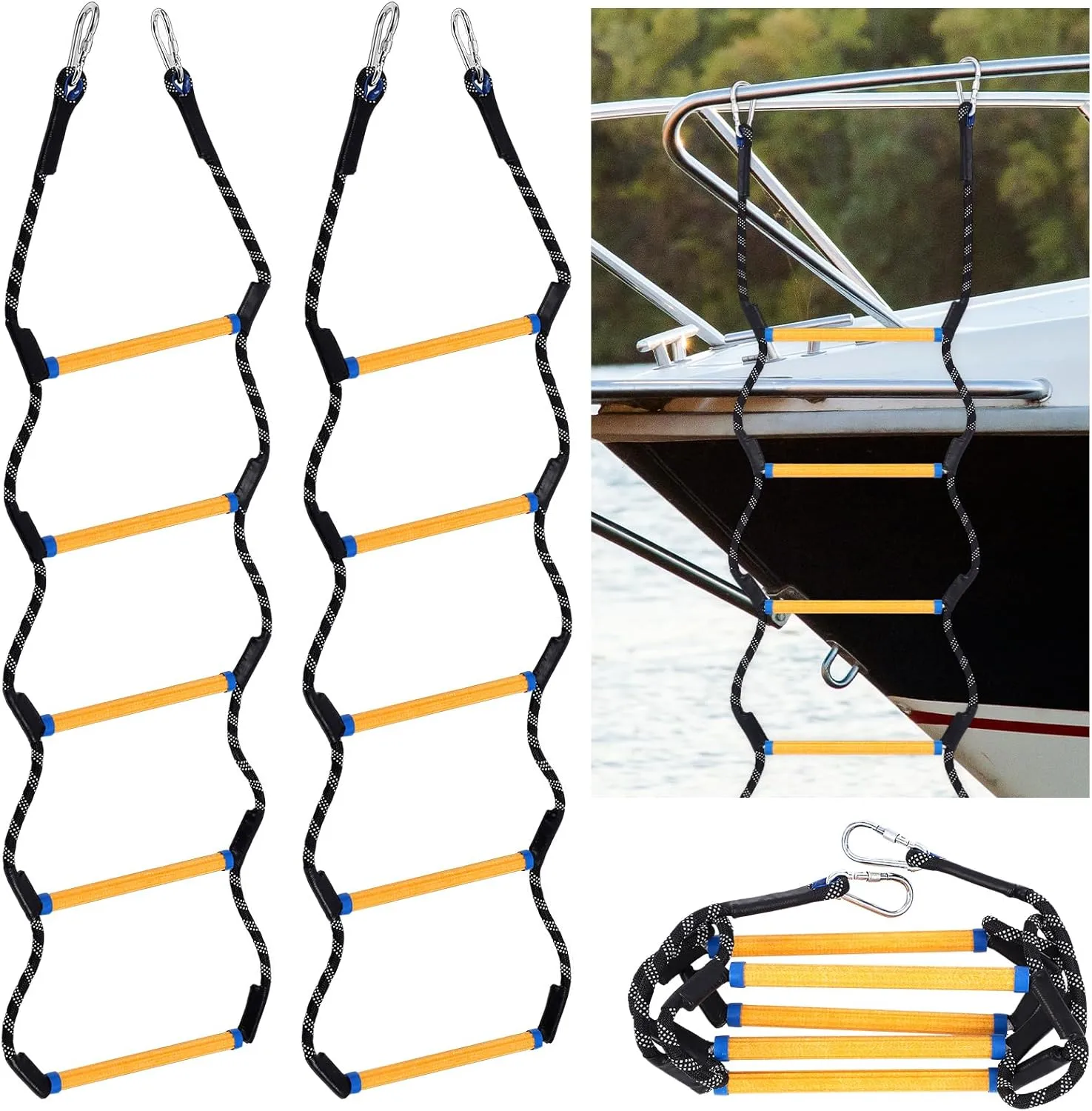 2 Pcs Boat Rope Ladder 5 Step Heavy Duty 440 Lbs Flexible Rope Marine Boat Boarding Ladder for Inflatable Pontoon Canoeing Motorboat Climbing Game(55",Black)