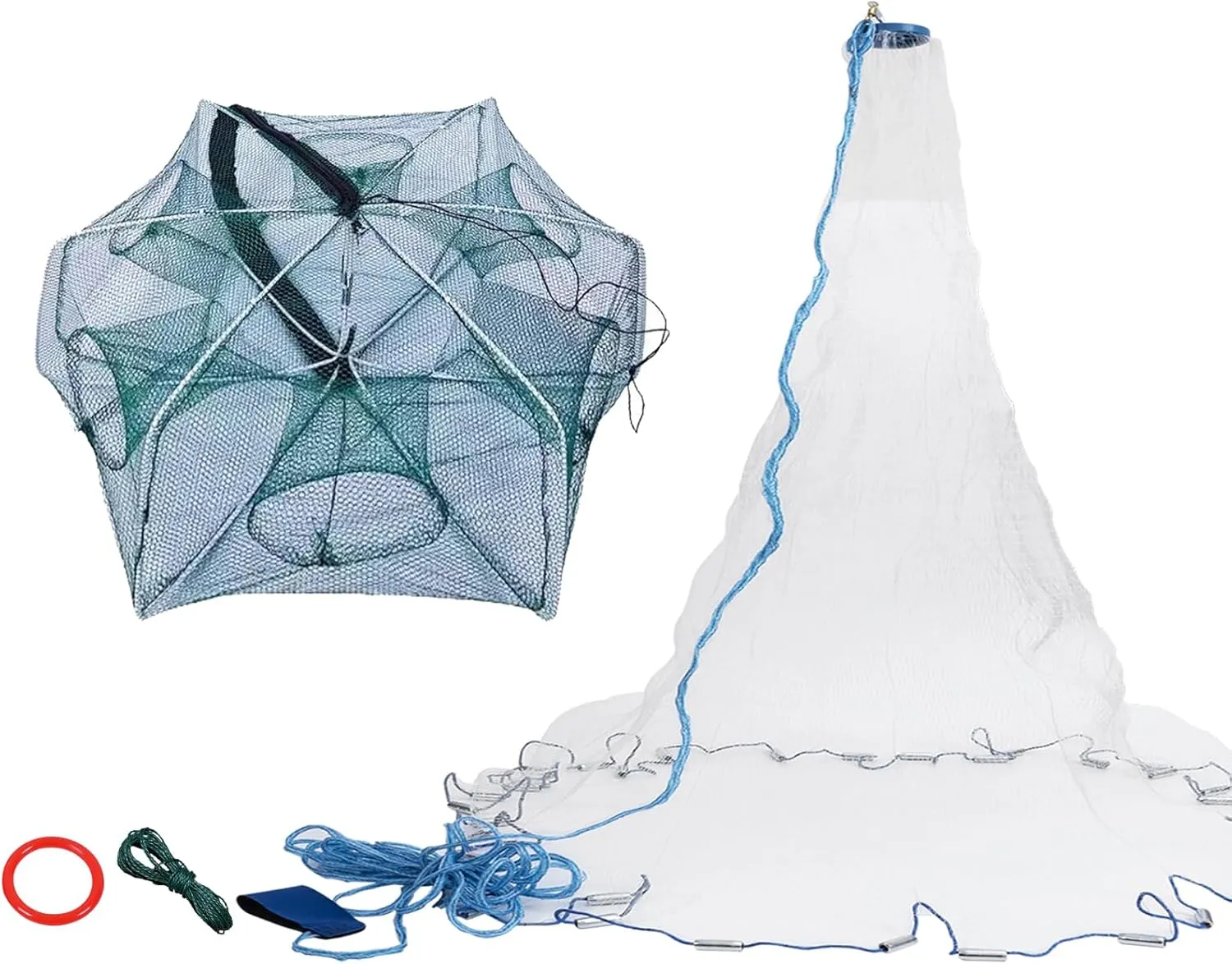 2 Pcs Foldable Fishing Net Accessories :Fishing Cast Net with Heavy Duty Real Metal Sinker Weights丨 Collapsible Hexagonal Fish Cage Fish Crab Crayfish Shrimp Net Trap Cast Net Dip Cage