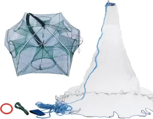 2 Pcs Foldable Fishing Net Accessories :Fishing Cast Net with Heavy Duty Real Metal Sinker Weights丨 Collapsible Hexagonal Fish Cage Fish Crab Crayfish Shrimp Net Trap Cast Net Dip Cage