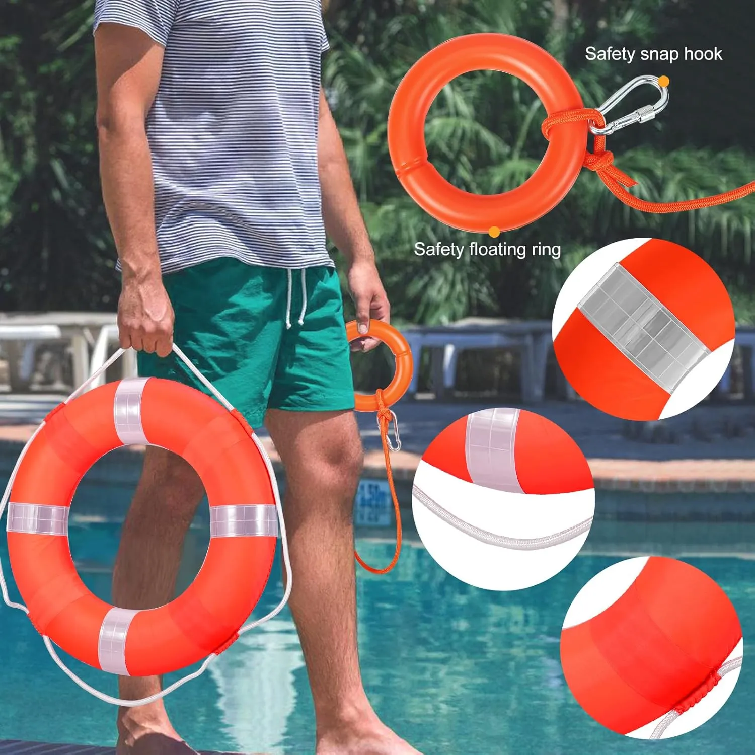 20 Inch Life Preserver Ring with Water Floating Lifesaving Rope 98.4FT Set, Swim Foam Ring Buoy Swimming Pool Safety Throwing Ring Rope Rescue Lifeguard Wall Decoration
