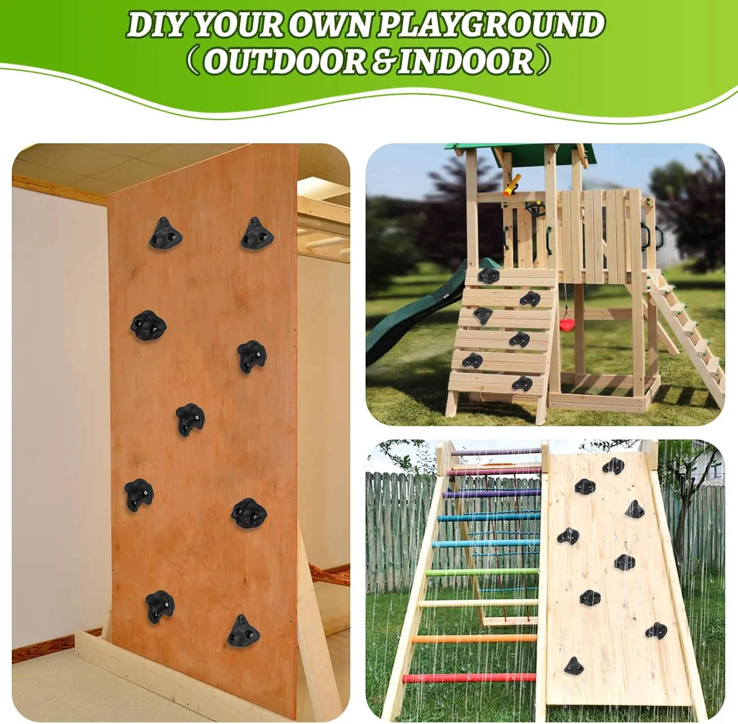 20 Pack Rock Climbing Holds Extra Large for Kids and Adults, Polyethylene Climbing Rocks with Mounting Hardware, DIY Indoor Outdoor Playground Backyard Park Play Set (Black)