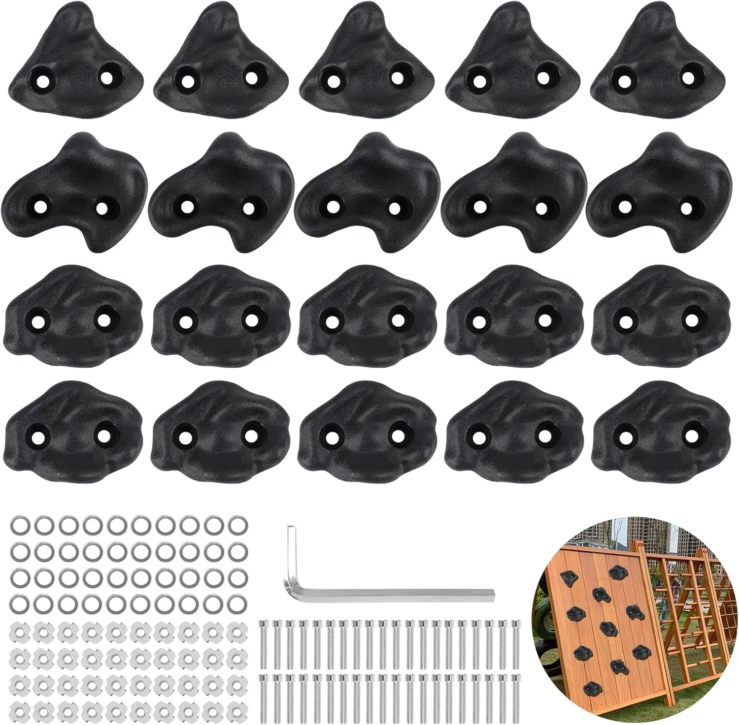 20 Pack Rock Climbing Holds Extra Large for Kids and Adults, Polyethylene Climbing Rocks with Mounting Hardware, DIY Indoor Outdoor Playground Backyard Park Play Set (Black)