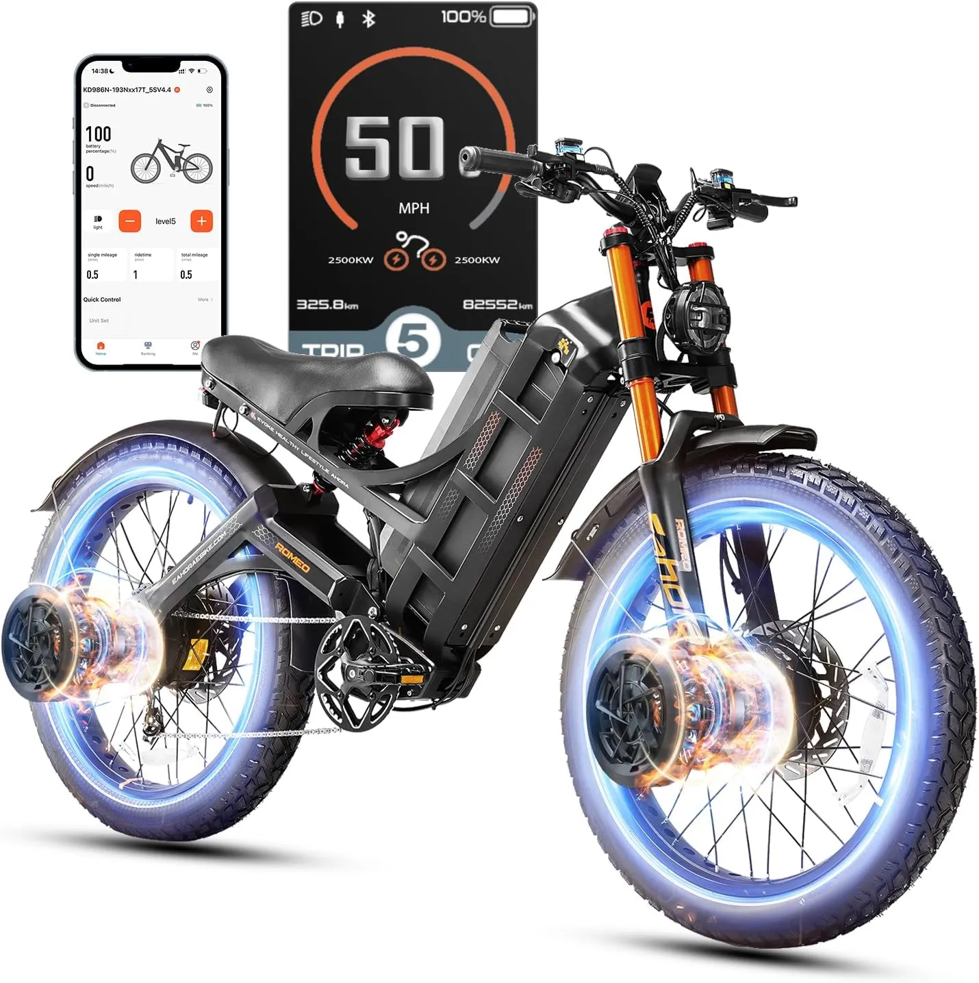 [2025 Upgraded] Romeo Pro 3 Adults Electric Bike 5000W 50MPH Dual Motor Electric Bike 60V 80AH Long Range Electric Mountain Bike Air Damper Full Susepension System, UL2849