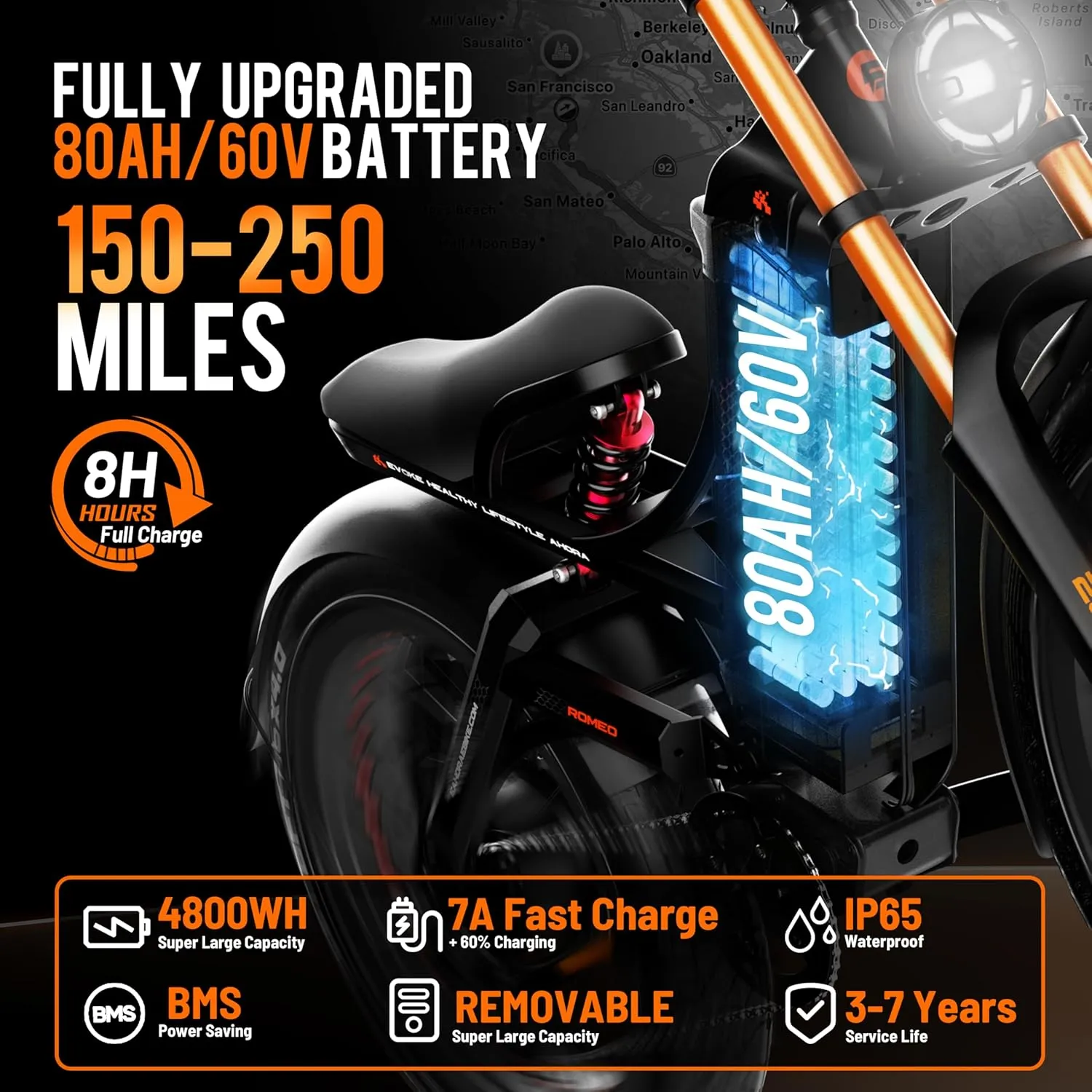 [2025 Upgraded] Romeo Pro 3 Adults Electric Bike 5000W 50MPH Dual Motor Electric Bike 60V 80AH Long Range Electric Mountain Bike Air Damper Full Susepension System, UL2849