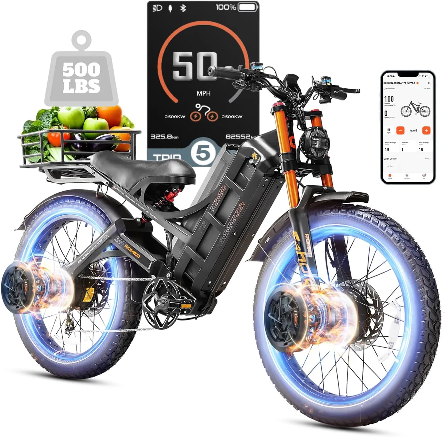 [2025 Upgraded] Romeo Pro 3 Adults Electric Bike 5000W 50MPH Dual Motor Electric Bike 60V 80AH Long Range Electric Mountain Bike Air Damper Full Susepension System, UL2849