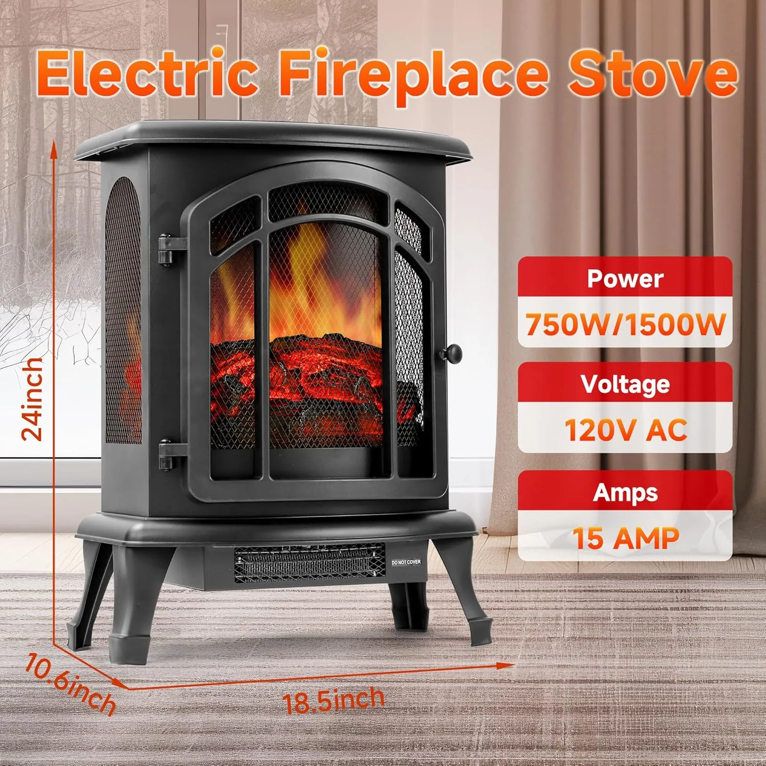 24" Electric Fireplace Heater Stove - Infrared Heater with Realistic LED 3D Flames and Remote Contro, Fire Place Electric, Fake Freestanding Fireplace for Indoor Use, Timer, 750 | 1500W