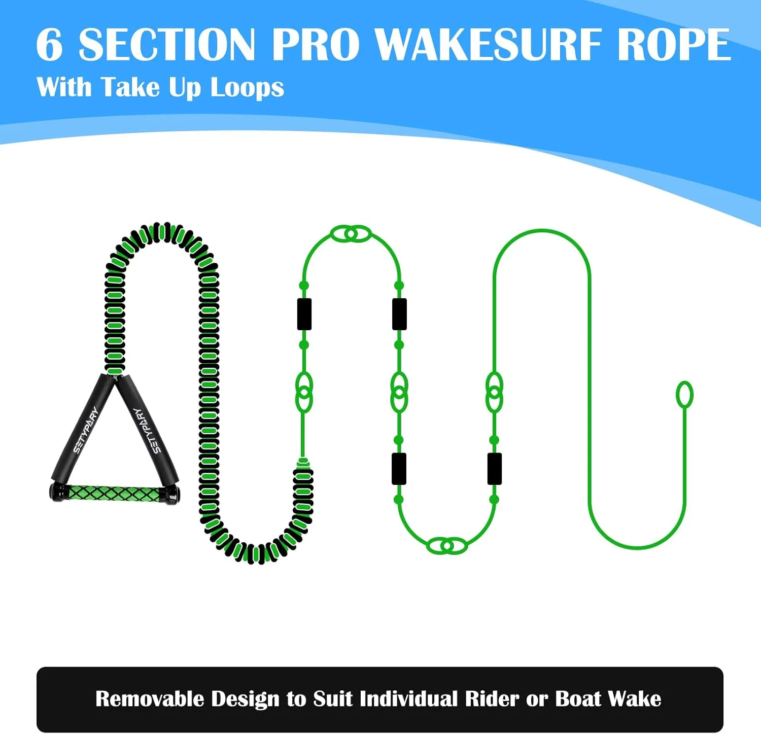 25ft Wakesurf Rope and Handle, Floating Wake Surf, 6 Section Removeable Surf Tow