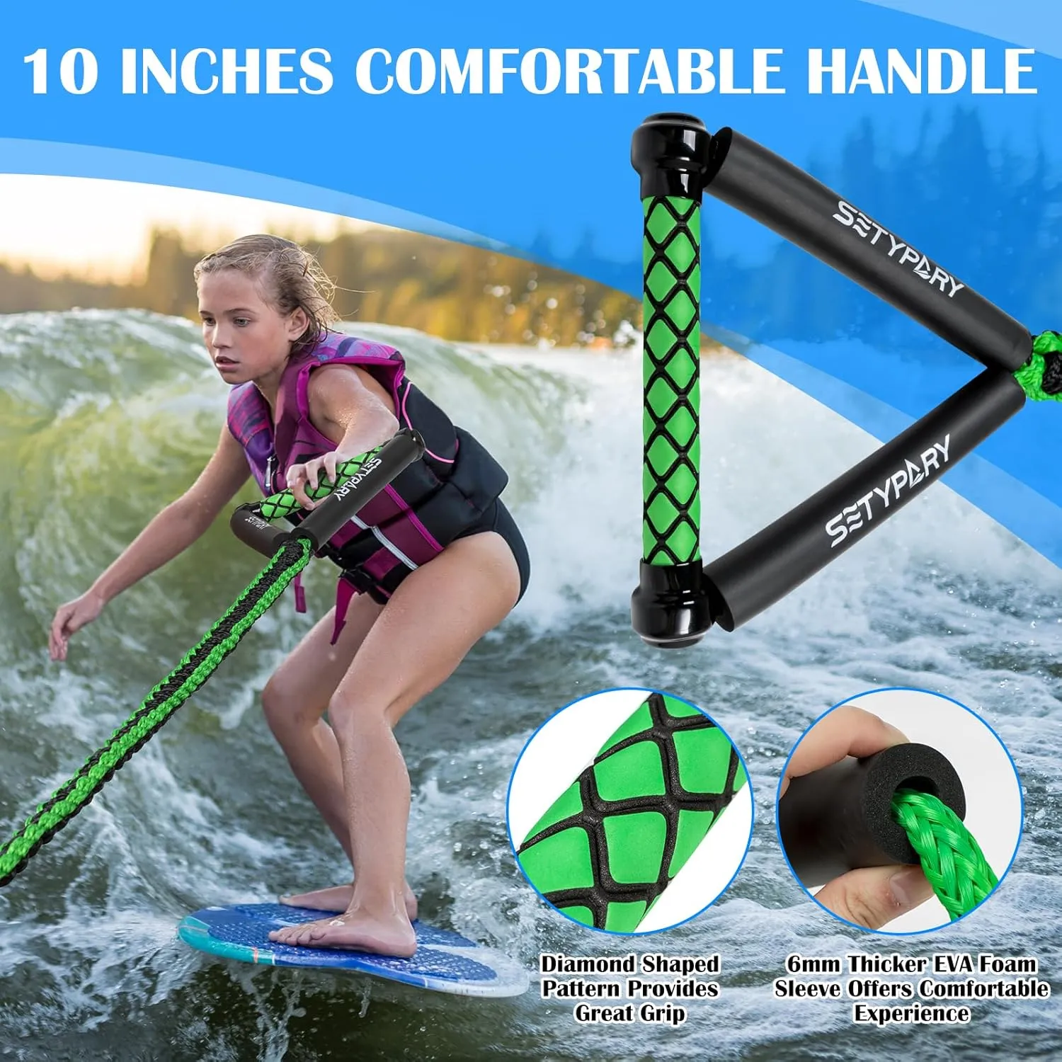 25ft Wakesurf Rope and Handle, Floating Wake Surf, 6 Section Removeable Surf Tow