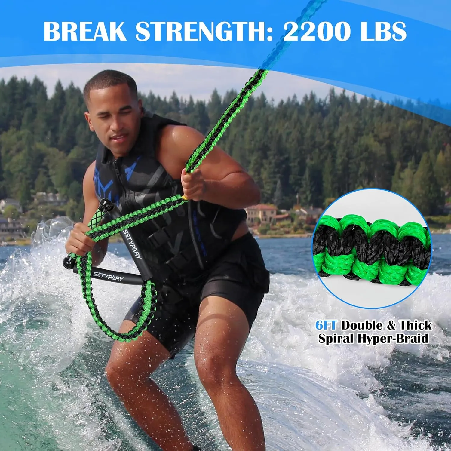 25ft Wakesurf Rope and Handle, Floating Wake Surf, 6 Section Removeable Surf Tow