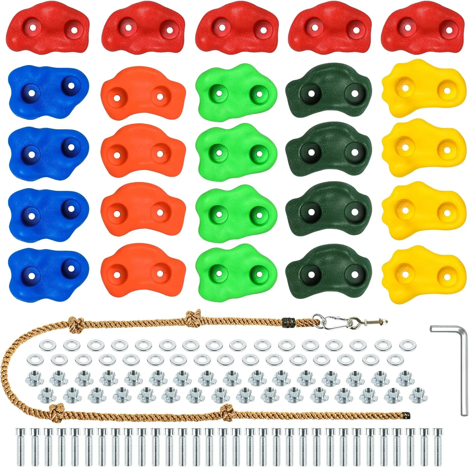 25Pcs Rock Climbing Holds with Climbing Rope, Colourful Rock Wall Climbing Holds for Kids Adults, Large Pig Nose Shape Grips for Indoor Outdoor Playground Playset