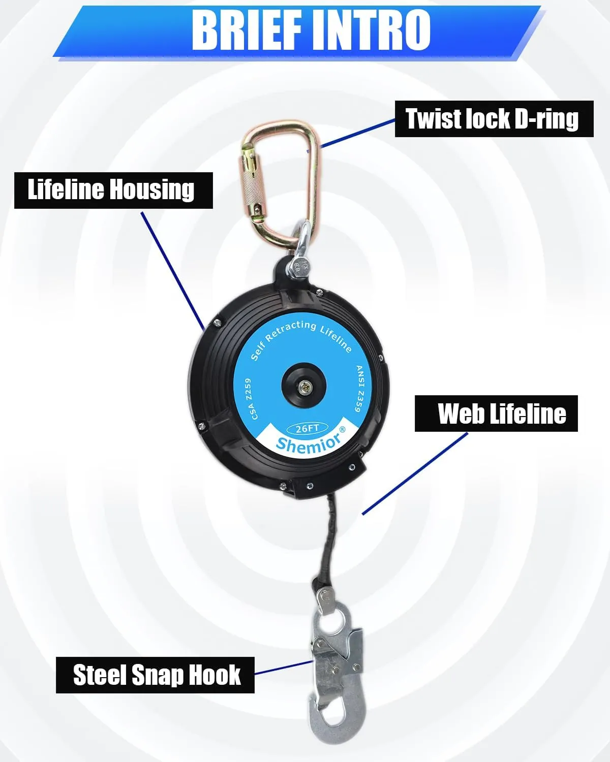 26FT Shemior Web Self Retracting Lifeline, No Tangle Lightweight Housing SRL, Self Retractable Safety Lanyard, Fall Arrest Protection PPE Gear for Roofing Construction, OSHA/ANSI Compliant