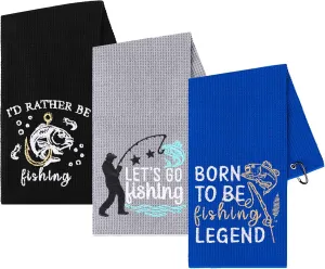 3 Pcs Fishing Towels with Clip Soft Embroidered Fishing Towel Effective Cleaning of Fishing Gears Dirty Hands Boat Towels 16 x 16” Absorbent Fishing Hand Towel for Men Women Camping Hiking Fly Fishing