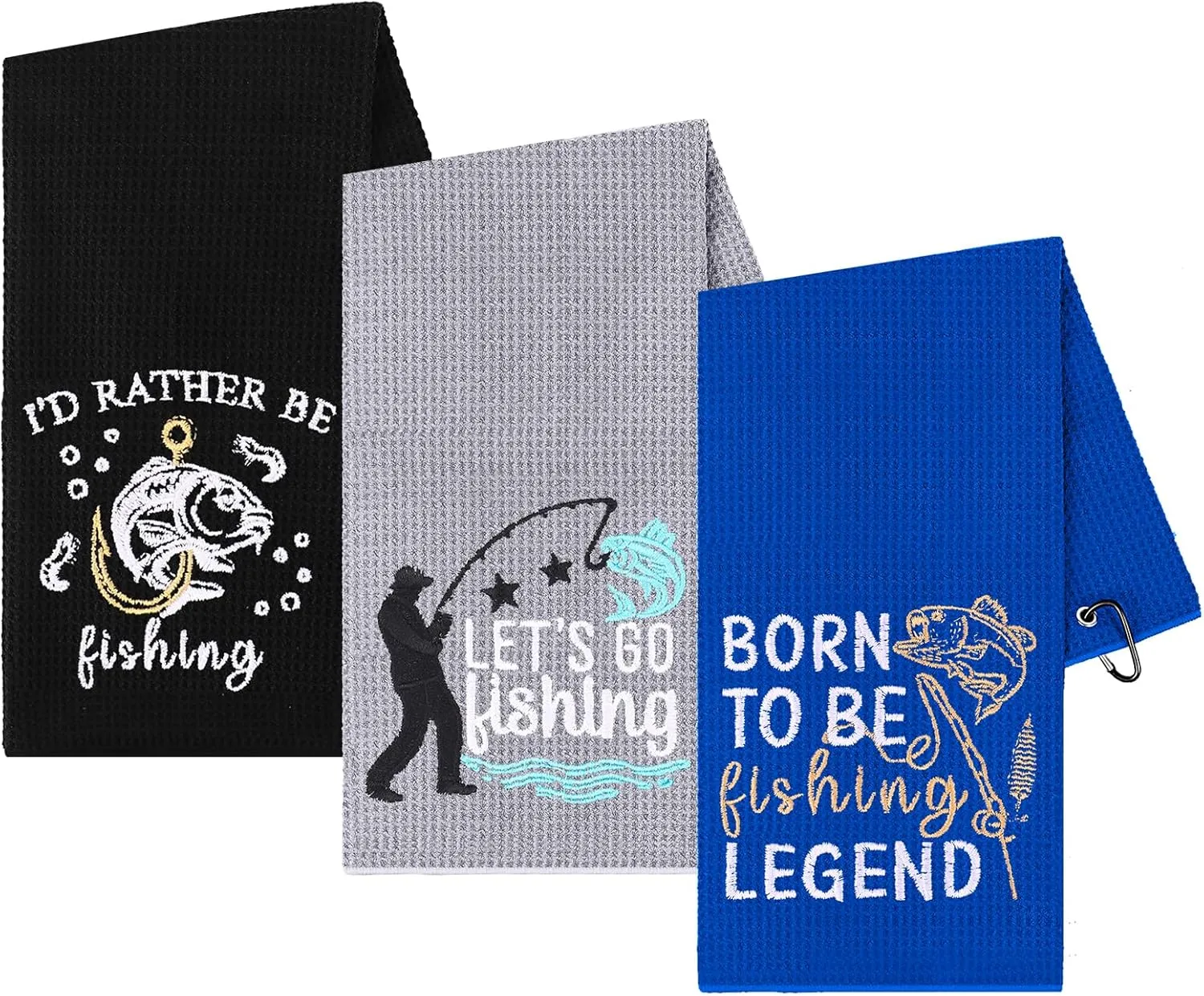 3 Pcs Fishing Towels with Clip Soft Embroidered Fishing Towel Effective Cleaning of Fishing Gears Dirty Hands Boat Towels 16 x 16” Absorbent Fishing Hand Towel for Men Women Camping Hiking Fly Fishing